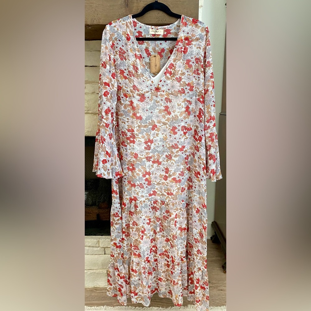 NATURAL LIFE Cream Maxi Dress with Bell Sleeves and V-Neck